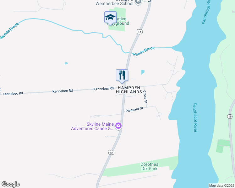 map of restaurants, bars, coffee shops, grocery stores, and more near 120 Main Road South in Hampden