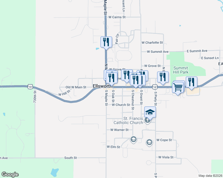 map of restaurants, bars, coffee shops, grocery stores, and more near 467 West Main Street in Ellsworth