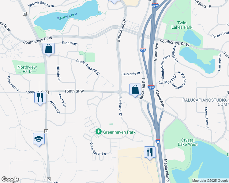 map of restaurants, bars, coffee shops, grocery stores, and more near Crystal Lake Road West in Burnsville