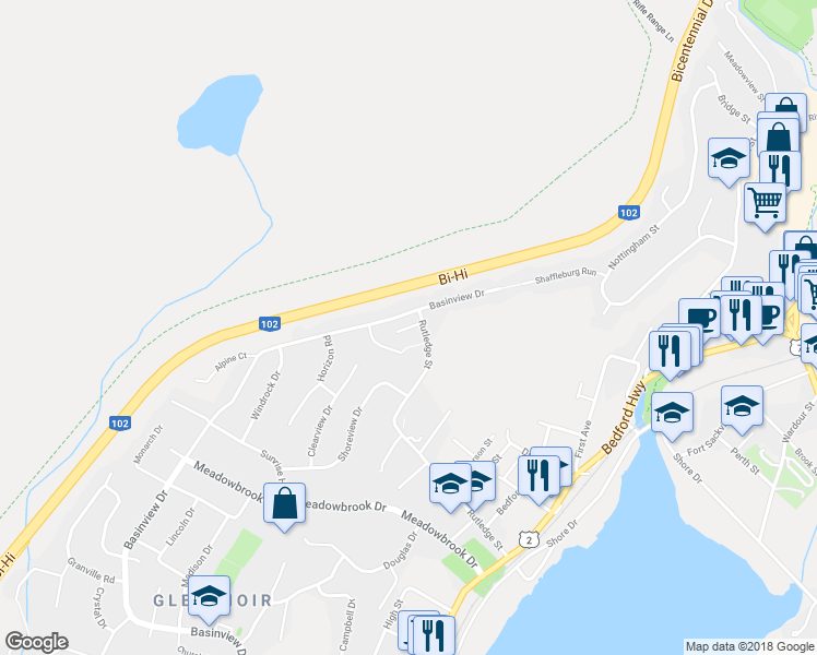 map of restaurants, bars, coffee shops, grocery stores, and more near Waltham Lane in Bedford