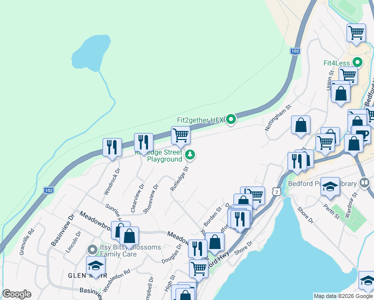 map of restaurants, bars, coffee shops, grocery stores, and more near 287 Rutledge Street in Bedford