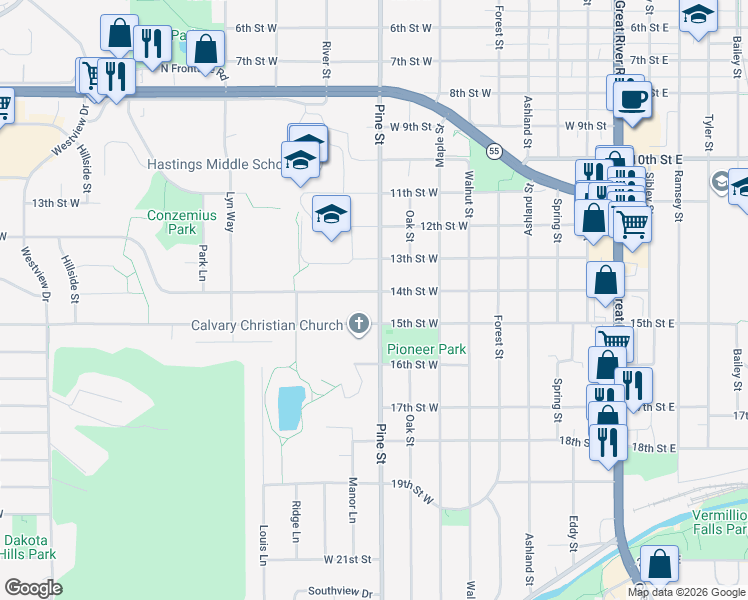 map of restaurants, bars, coffee shops, grocery stores, and more near 1400 Pine Street in Hastings