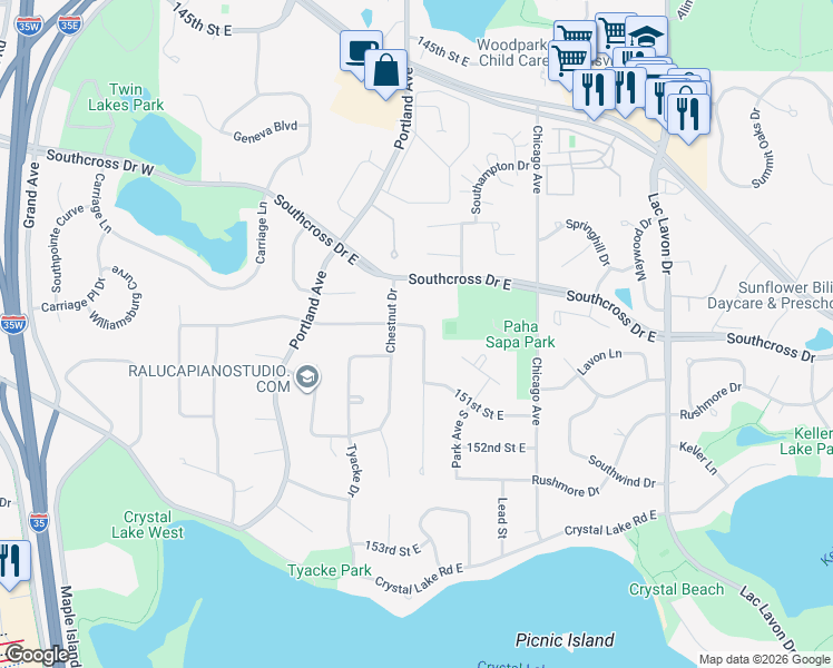 map of restaurants, bars, coffee shops, grocery stores, and more near 15005 Chestnut Drive in Burnsville