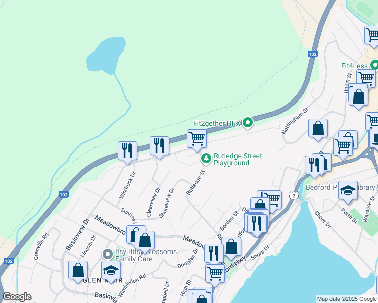 map of restaurants, bars, coffee shops, grocery stores, and more near 833 Basinview Drive in Bedford