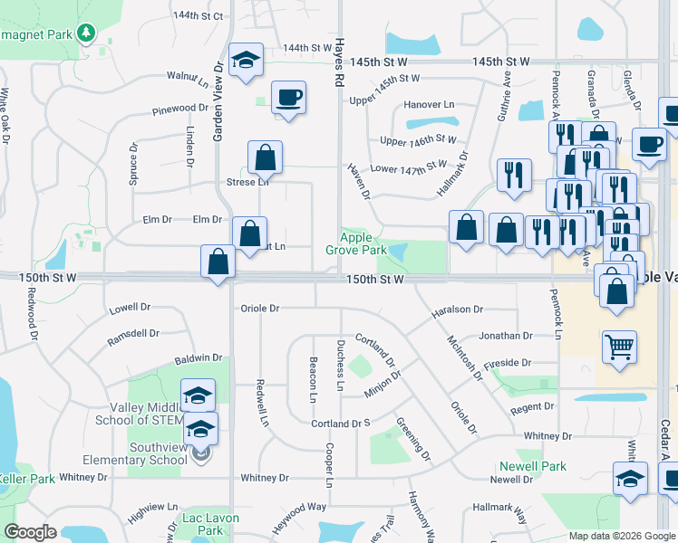 map of restaurants, bars, coffee shops, grocery stores, and more near 144 150th Street West in Apple Valley