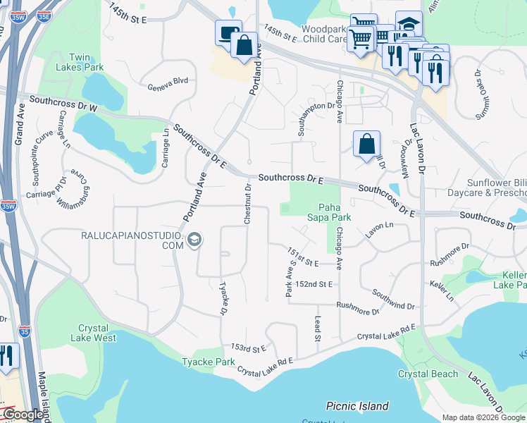 map of restaurants, bars, coffee shops, grocery stores, and more near 15005 Chestnut Drive in Burnsville