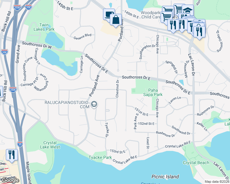 map of restaurants, bars, coffee shops, grocery stores, and more near 15005 Chestnut Drive in Burnsville