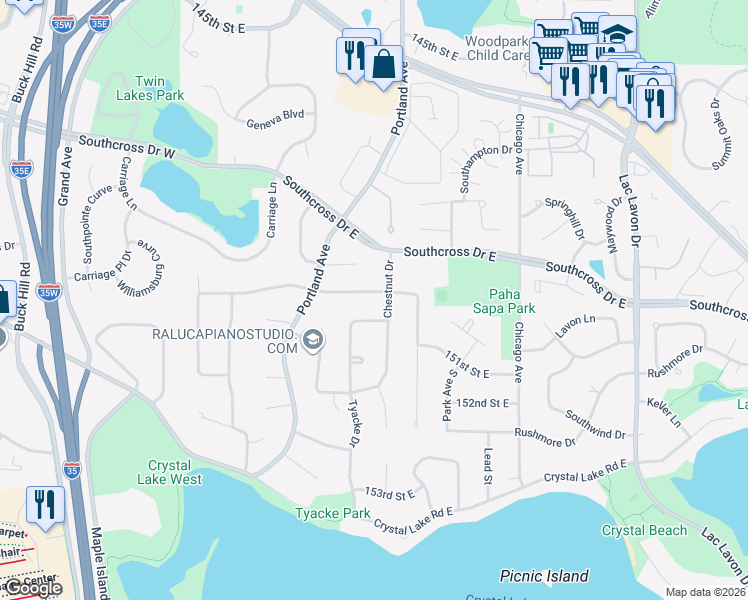map of restaurants, bars, coffee shops, grocery stores, and more near 15008 Tyacke Drive in Burnsville