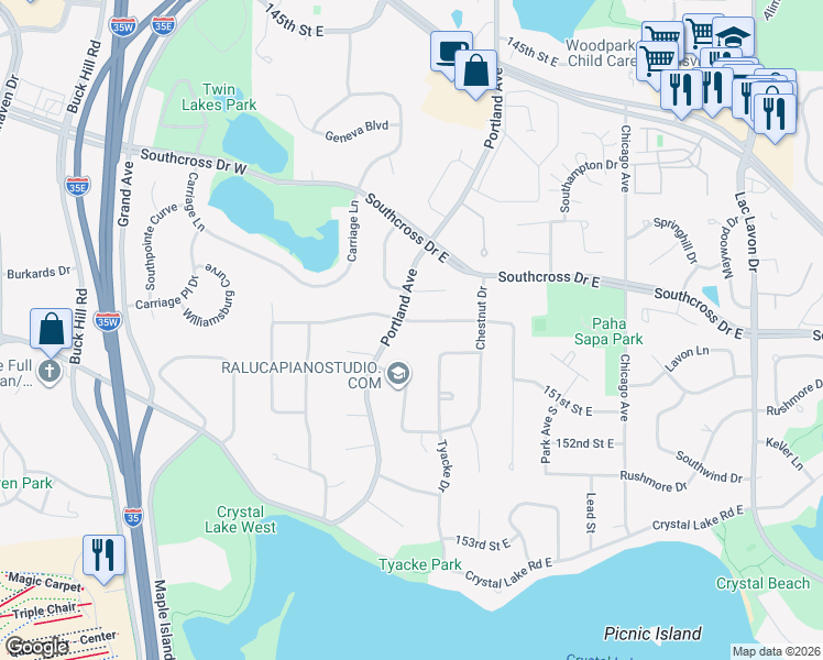 map of restaurants, bars, coffee shops, grocery stores, and more near 15001 Butternut Lane in Burnsville
