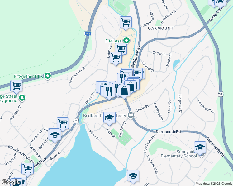 map of restaurants, bars, coffee shops, grocery stores, and more near 1531 Bedford Highway in Bedford