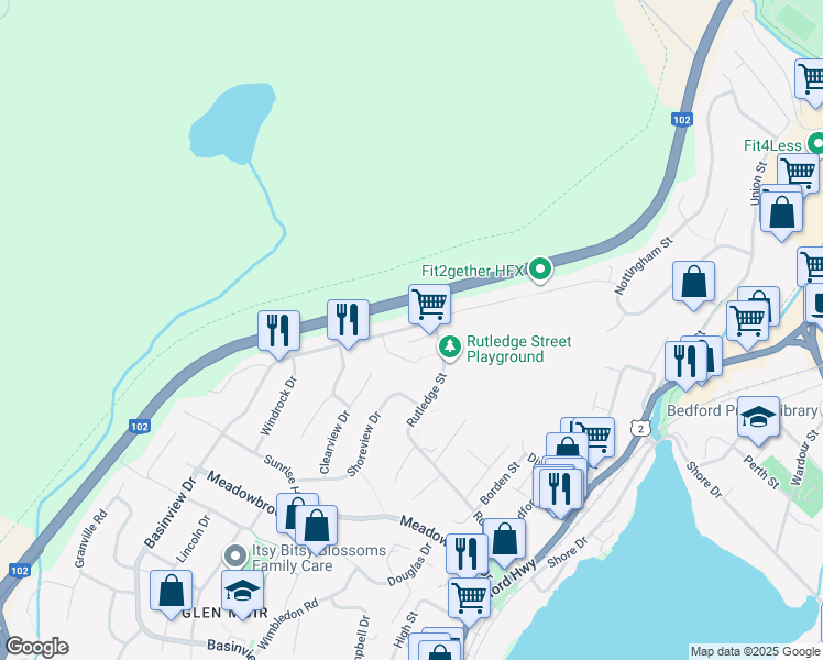 map of restaurants, bars, coffee shops, grocery stores, and more near 833 Basinview Drive in Bedford