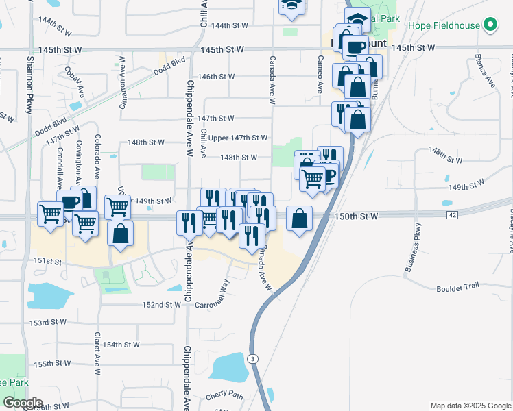 map of restaurants, bars, coffee shops, grocery stores, and more near 15035 Canada Avenue West in Rosemount