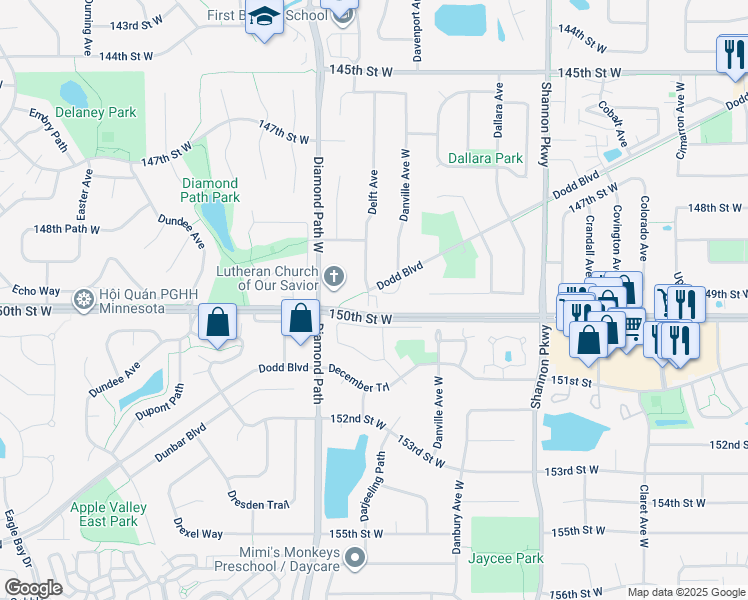 map of restaurants, bars, coffee shops, grocery stores, and more near 15044 Everleigh Circle in Rosemount
