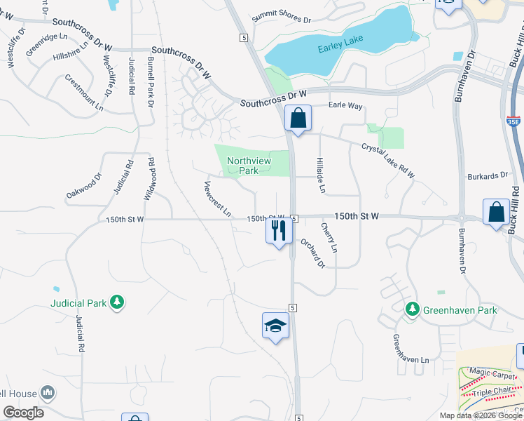 map of restaurants, bars, coffee shops, grocery stores, and more near 1604 Viewcrest Circle in Burnsville