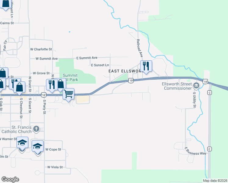 map of restaurants, bars, coffee shops, grocery stores, and more near 297 East Main Street in Ellsworth