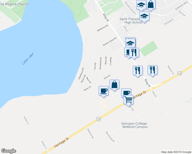 map of restaurants, bars, coffee shops, grocery stores, and more near 30 Vics Rd in Midland