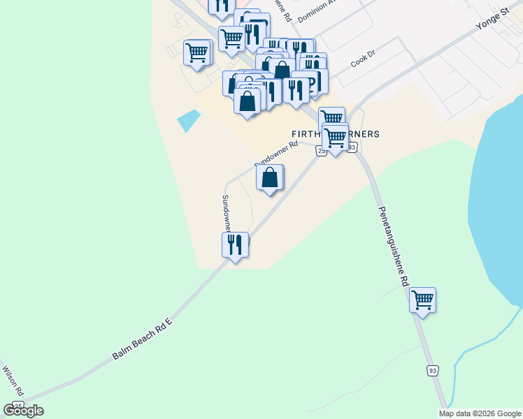 map of restaurants, bars, coffee shops, grocery stores, and more near 710 Balm Beach Road East in Midland