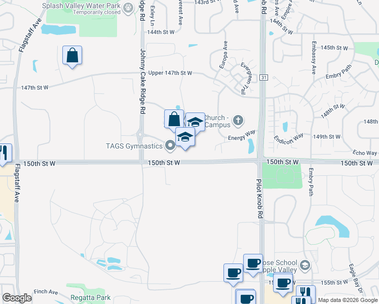 map of restaurants, bars, coffee shops, grocery stores, and more near 5840 149th Street West in Apple Valley
