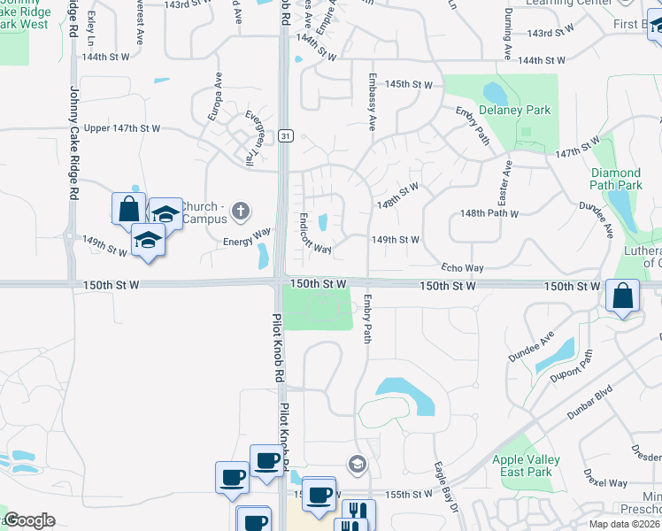map of restaurants, bars, coffee shops, grocery stores, and more near 14859 Endicott Way in Apple Valley