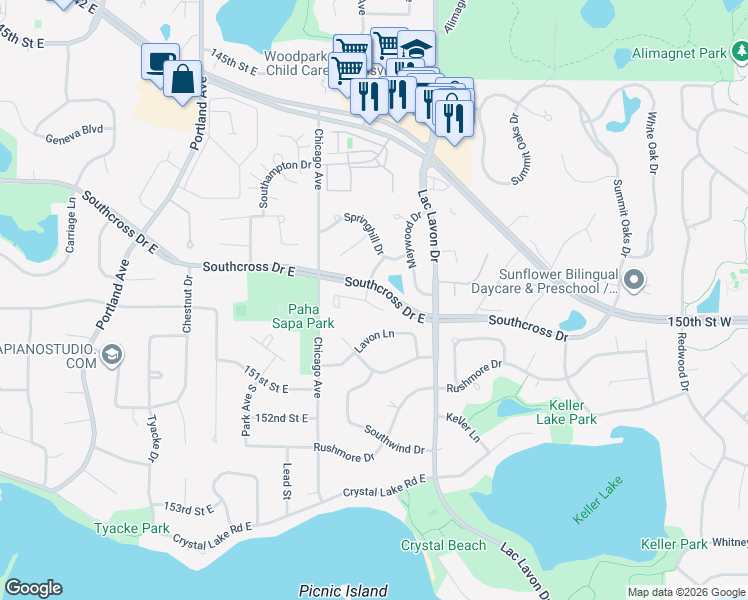 map of restaurants, bars, coffee shops, grocery stores, and more near 915 Southcross Drive East in Burnsville
