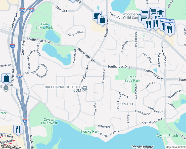 map of restaurants, bars, coffee shops, grocery stores, and more near 413 Interlachen Lane in Burnsville