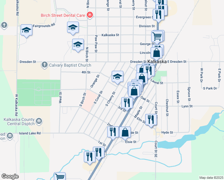 map of restaurants, bars, coffee shops, grocery stores, and more near 315 South Cherry Street in Kalkaska