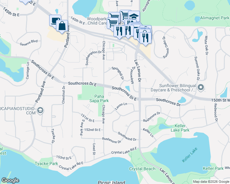 map of restaurants, bars, coffee shops, grocery stores, and more near 915 Southcross Drive East in Burnsville