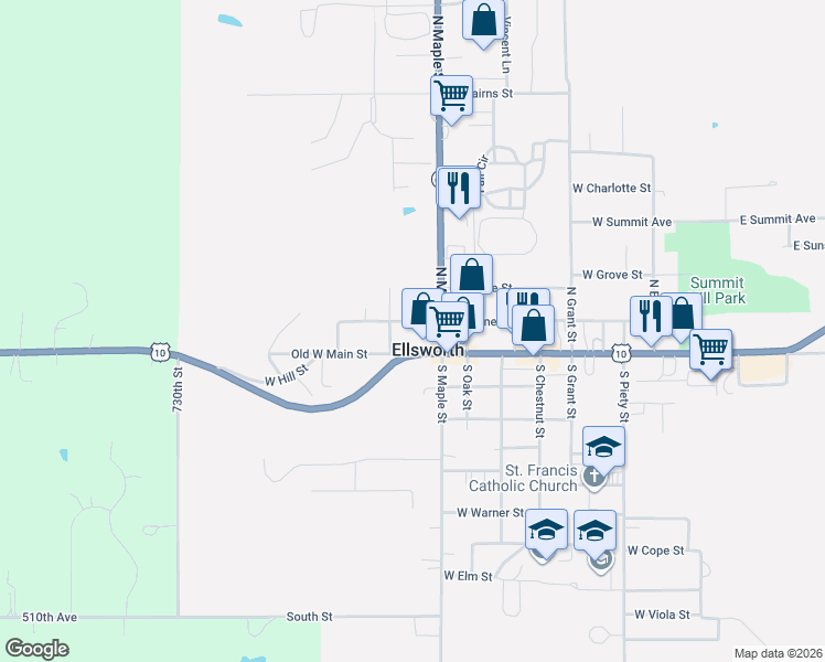 map of restaurants, bars, coffee shops, grocery stores, and more near 546 West Kinne Street in Ellsworth