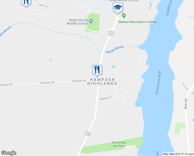 map of restaurants, bars, coffee shops, grocery stores, and more near 102 Main Road South in Hampden