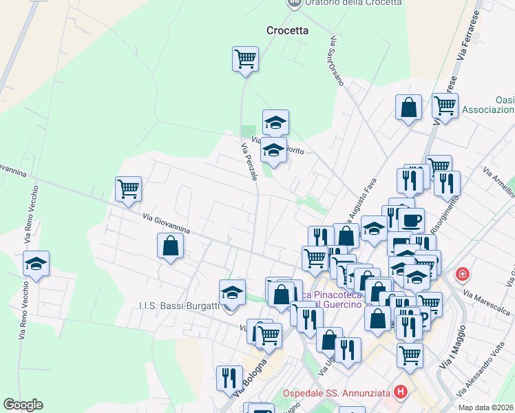 map of restaurants, bars, coffee shops, grocery stores, and more near 6 Via Penzale in Cento
