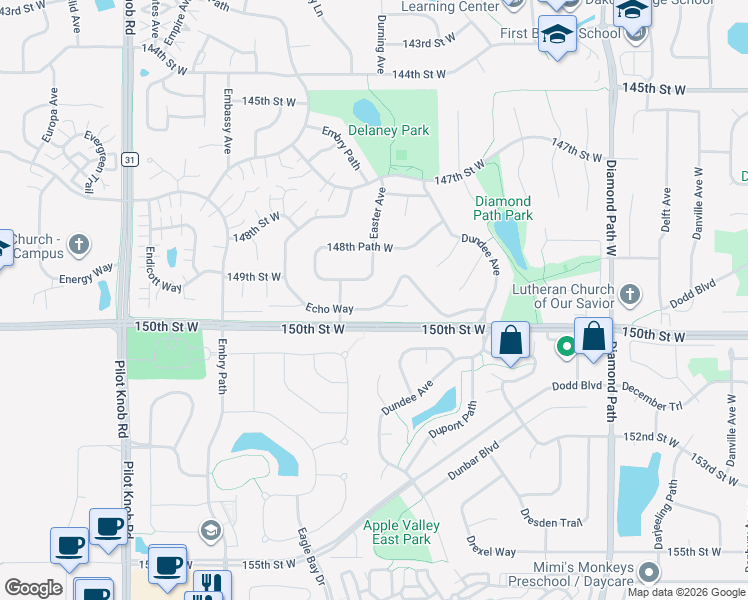 map of restaurants, bars, coffee shops, grocery stores, and more near 14934 Easter Avenue in Apple Valley