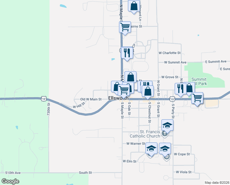map of restaurants, bars, coffee shops, grocery stores, and more near 546 West Kinne Street in Ellsworth