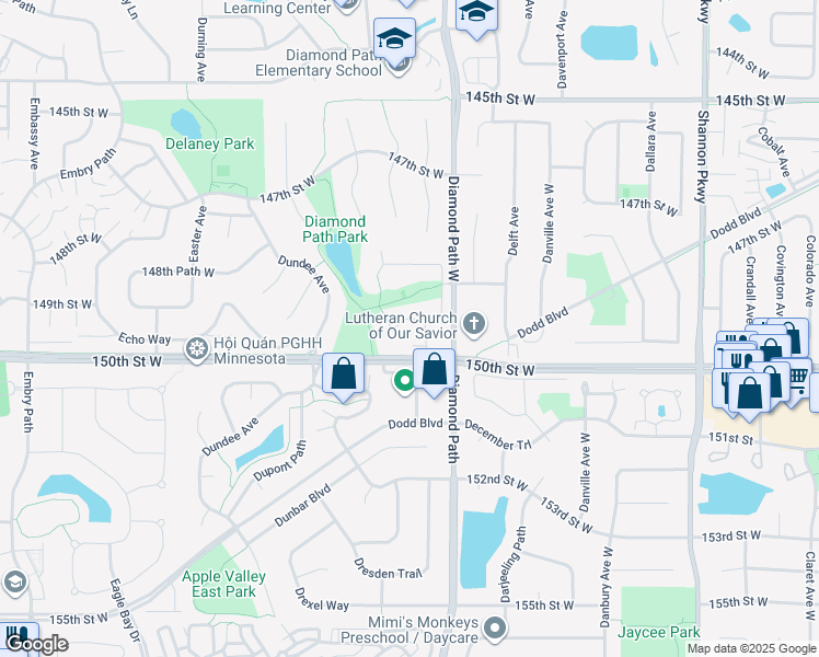 map of restaurants, bars, coffee shops, grocery stores, and more near 4520 149th Court in Apple Valley