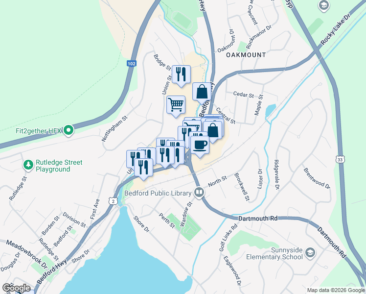 map of restaurants, bars, coffee shops, grocery stores, and more near in Bedford