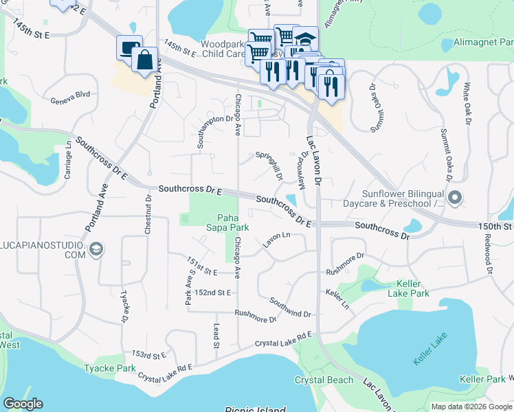 map of restaurants, bars, coffee shops, grocery stores, and more near 815 Southcross Drive East in Burnsville