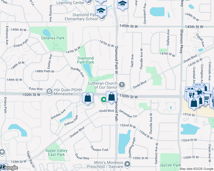 map of restaurants, bars, coffee shops, grocery stores, and more near 4520 149th Court in Apple Valley
