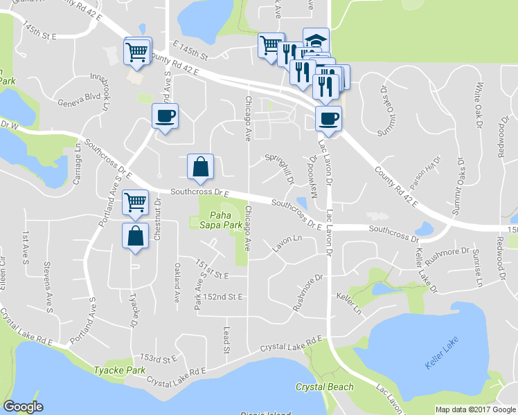 map of restaurants, bars, coffee shops, grocery stores, and more near 815 Southcross Drive East in Burnsville