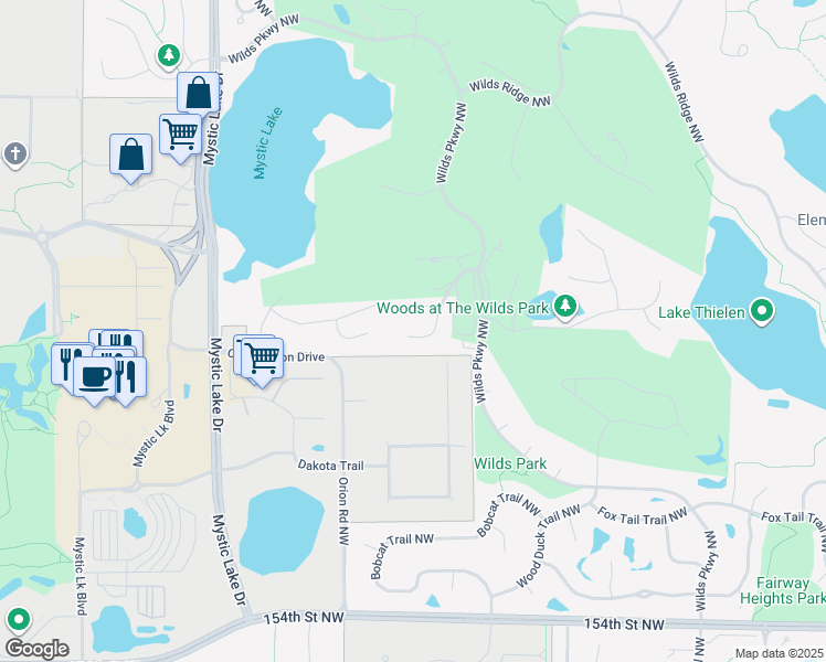 map of restaurants, bars, coffee shops, grocery stores, and more near 14948 Summit Circle Northwest in Prior Lake