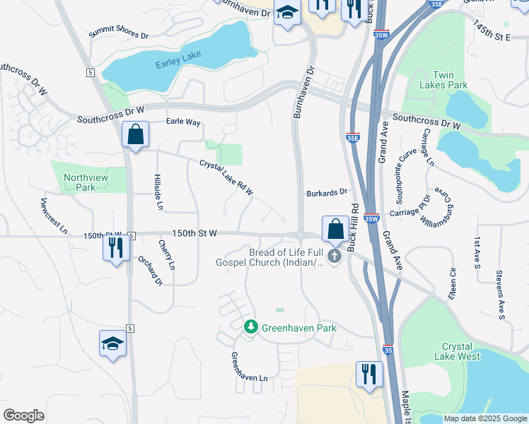 map of restaurants, bars, coffee shops, grocery stores, and more near 14906 Oak Ridge Circle East in Burnsville