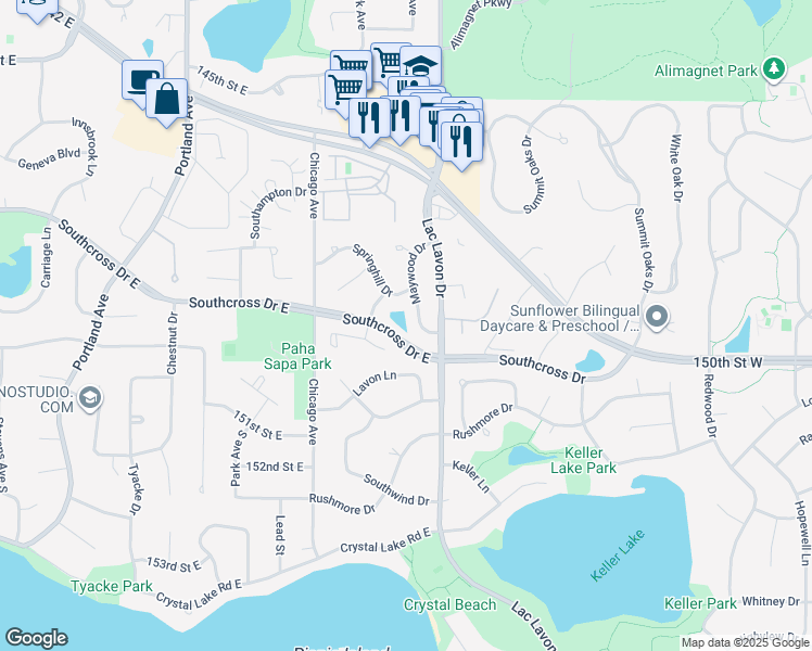 map of restaurants, bars, coffee shops, grocery stores, and more near 14904 Maywood Drive in Burnsville