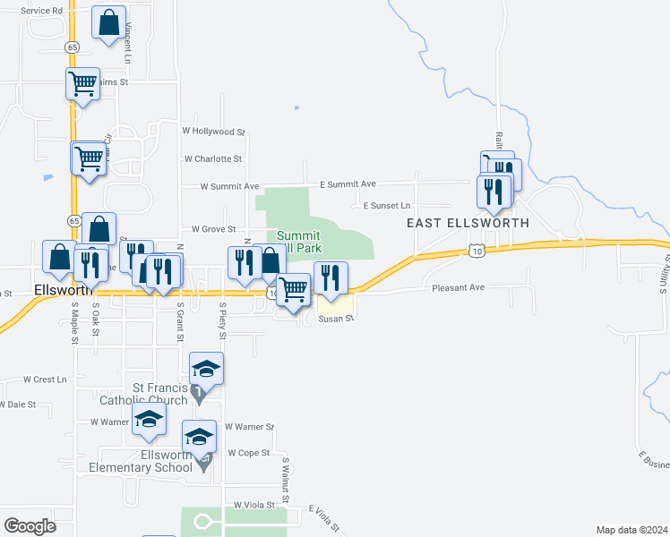 map of restaurants, bars, coffee shops, grocery stores, and more near 166 East Main Street in Ellsworth