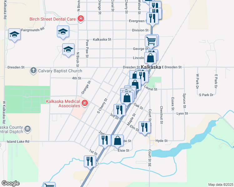 map of restaurants, bars, coffee shops, grocery stores, and more near 204 4th Street in Kalkaska