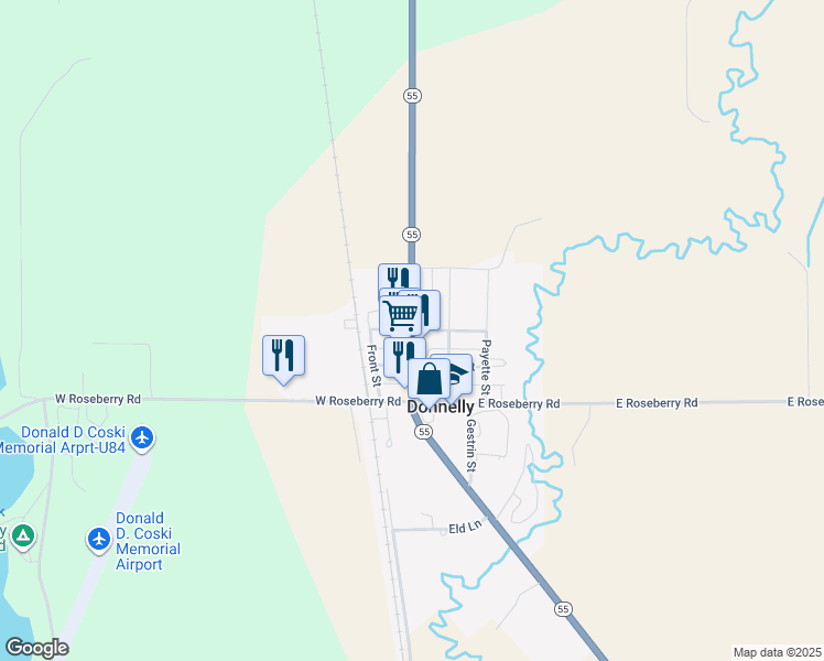map of restaurants, bars, coffee shops, grocery stores, and more near Main Street in Donnelly