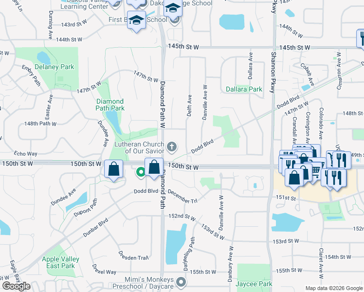 map of restaurants, bars, coffee shops, grocery stores, and more near 14929 Delft Avenue in Rosemount