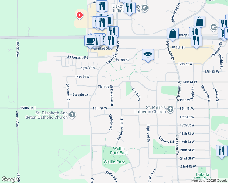 map of restaurants, bars, coffee shops, grocery stores, and more near 1439 Erickson Drive in Hastings
