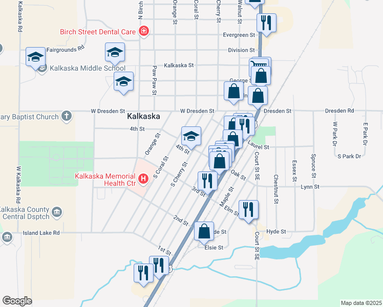 map of restaurants, bars, coffee shops, grocery stores, and more near 315 South Cherry Street in Kalkaska