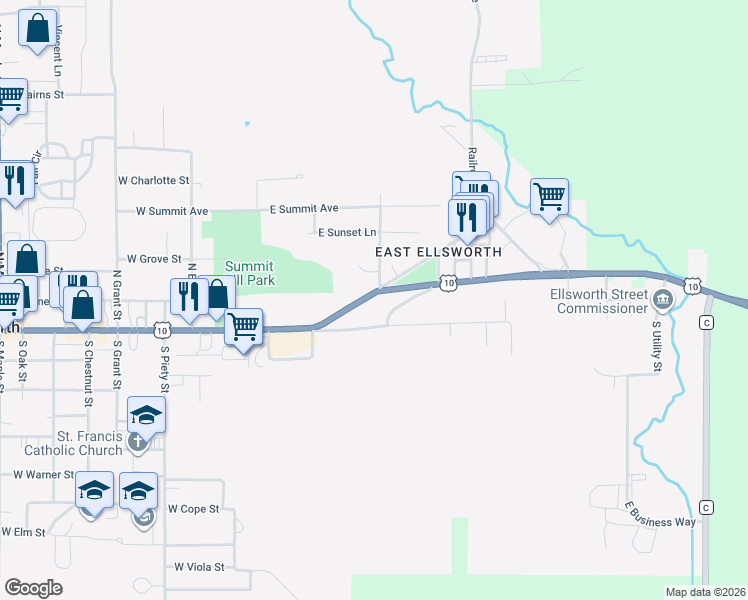 map of restaurants, bars, coffee shops, grocery stores, and more near 297 East Main Street in Ellsworth