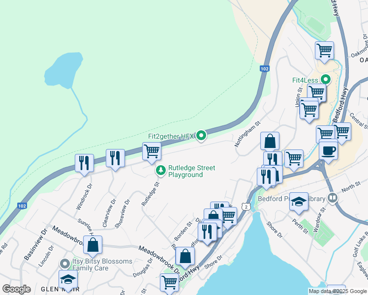 map of restaurants, bars, coffee shops, grocery stores, and more near 934 Basinview Drive in Bedford