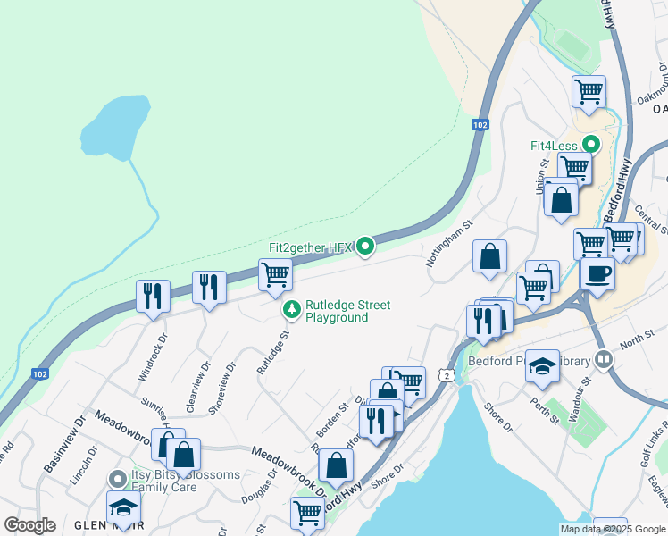 map of restaurants, bars, coffee shops, grocery stores, and more near 934 Basinview Drive in Bedford