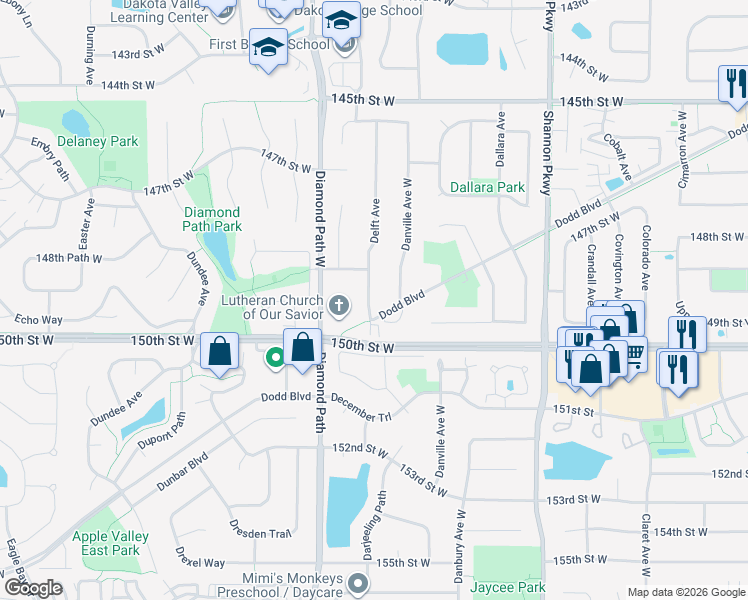 map of restaurants, bars, coffee shops, grocery stores, and more near 14929 Delft Avenue in Rosemount